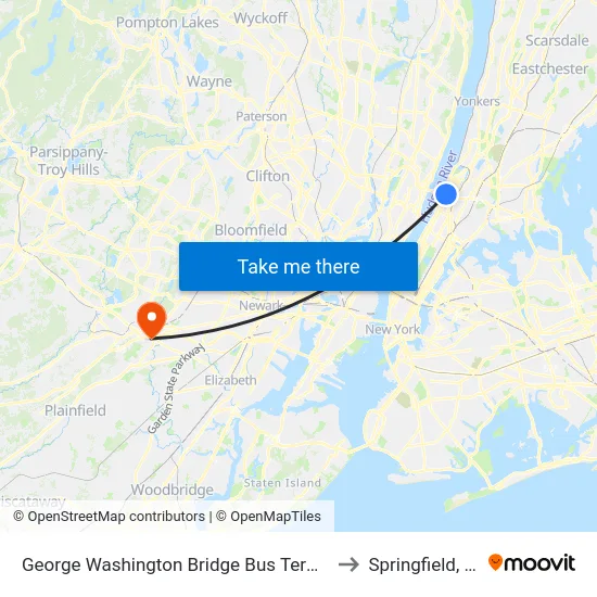 George Washington Bridge Bus Terminal to Springfield, NJ map