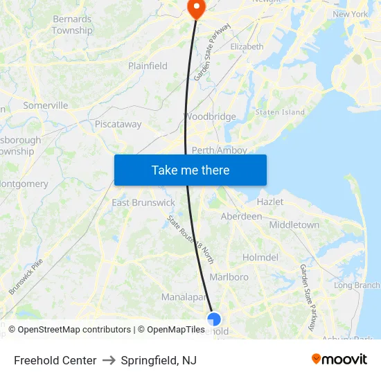 Freehold Center to Springfield, NJ map