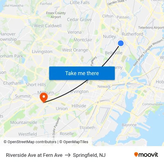 Riverside Ave at Fern Ave to Springfield, NJ map