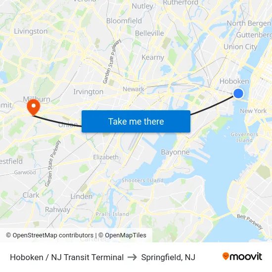 Hoboken / NJ Transit Terminal to Springfield, NJ map