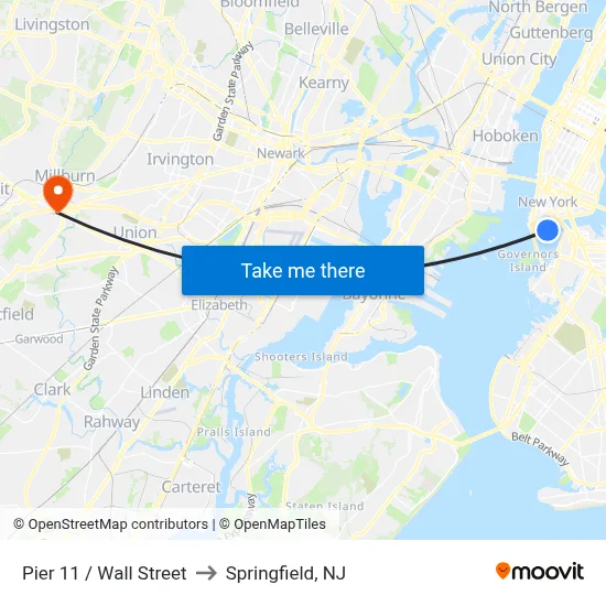 Pier 11 / Wall Street to Springfield, NJ map
