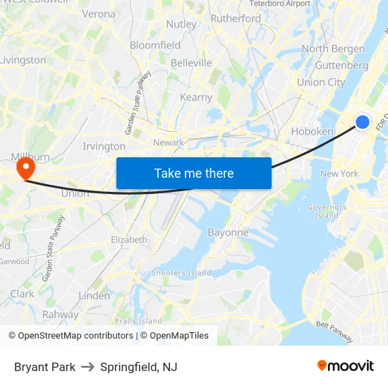 Bryant Park to Springfield, NJ map