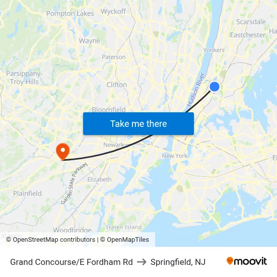 Grand Concourse/E Fordham Rd to Springfield, NJ map