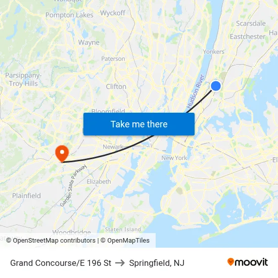 Grand Concourse/E 196 St to Springfield, NJ map
