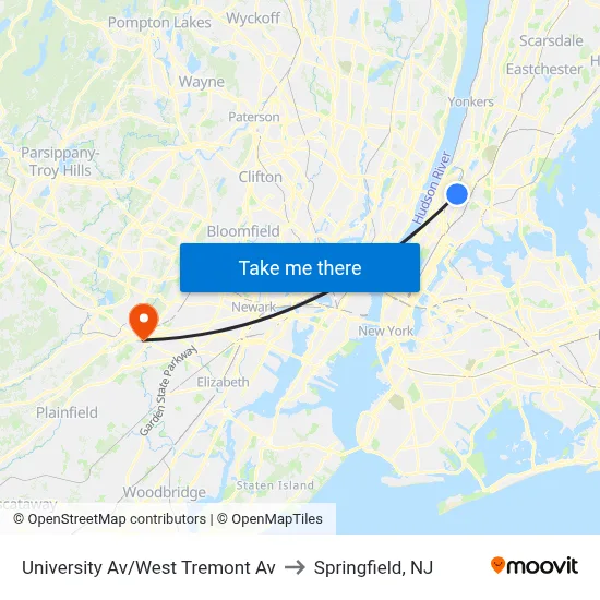 University Av/West Tremont Av to Springfield, NJ map