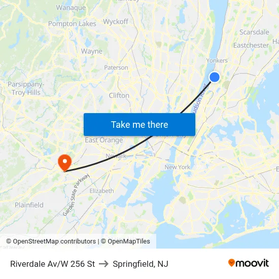 Riverdale Av/W 256 St to Springfield, NJ map
