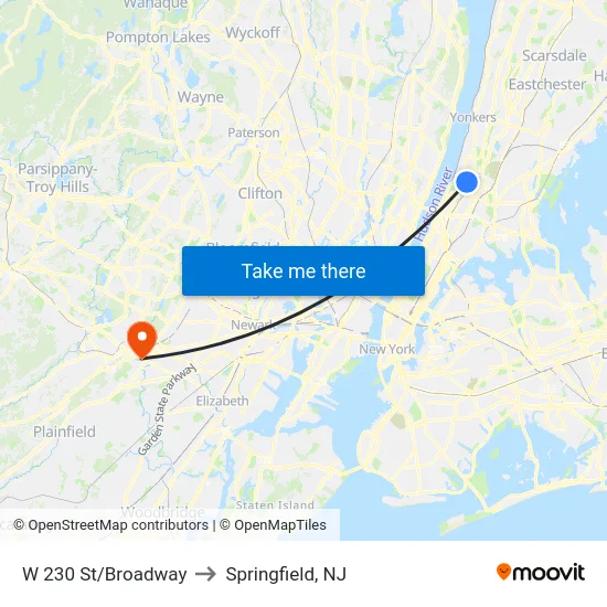 W 230 St/Broadway to Springfield, NJ map
