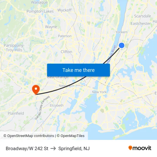Broadway/W 242 St to Springfield, NJ map