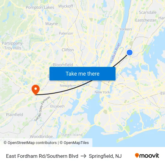 East Fordham Rd/Southern Blvd to Springfield, NJ map