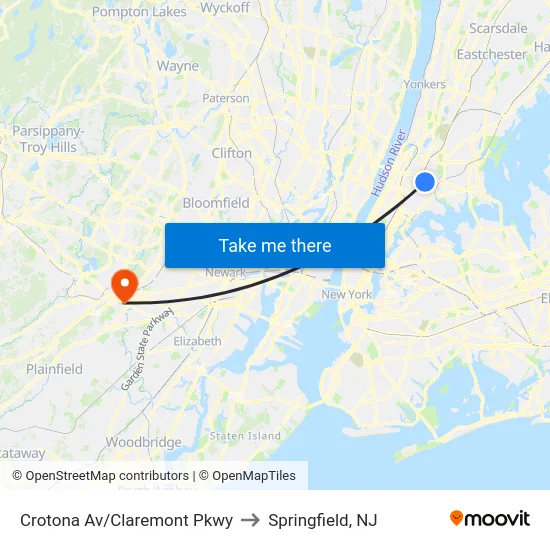 Crotona Av/Claremont Pkwy to Springfield, NJ map