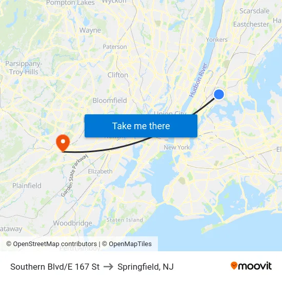 Southern Blvd/E 167 St to Springfield, NJ map