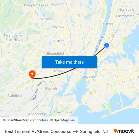 East Tremont Av/Grand Concourse to Springfield, NJ map