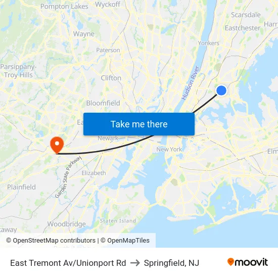 East Tremont Av/Unionport Rd to Springfield, NJ map