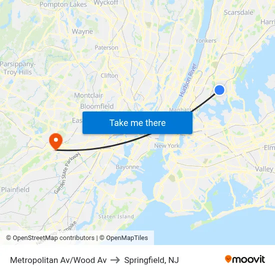 Metropolitan Av/Wood Av to Springfield, NJ map