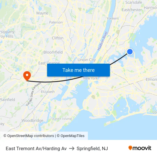East Tremont Av/Harding Av to Springfield, NJ map
