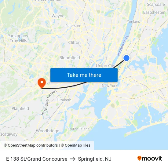 E 138 St/Grand Concourse to Springfield, NJ map