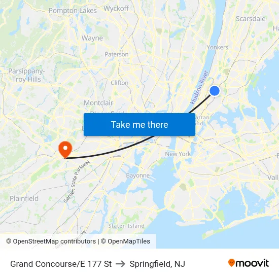 Grand Concourse/E 177 St to Springfield, NJ map