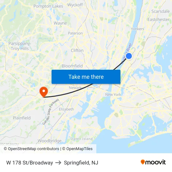 W 178 St/Broadway to Springfield, NJ map