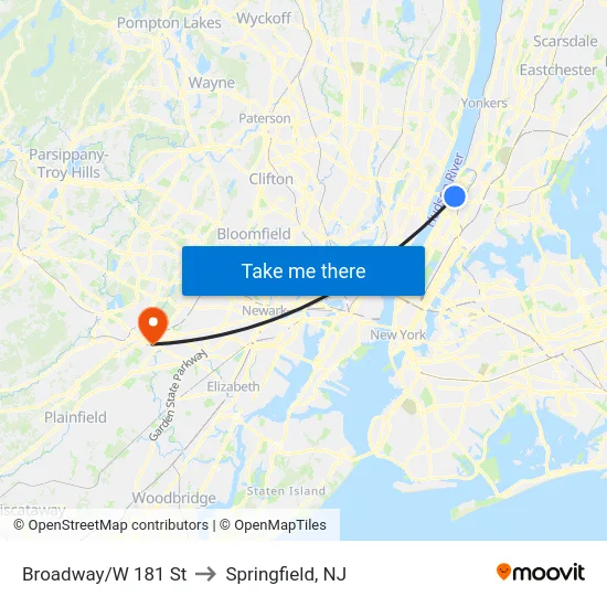 Broadway/W 181 St to Springfield, NJ map