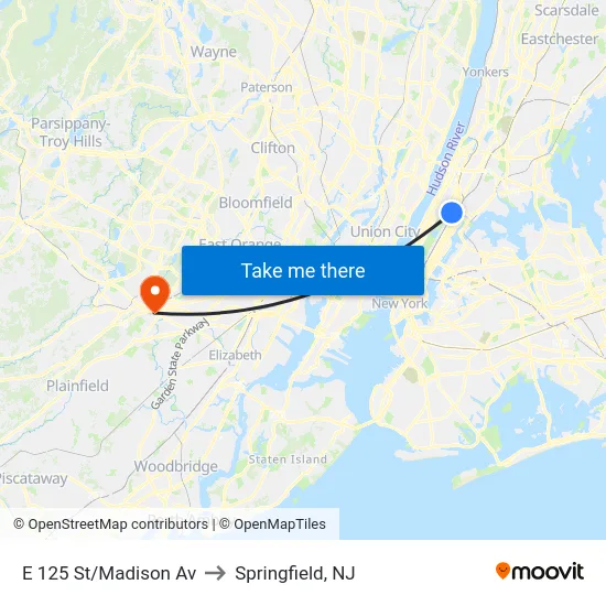 E 125 St/Madison Av to Springfield, NJ map