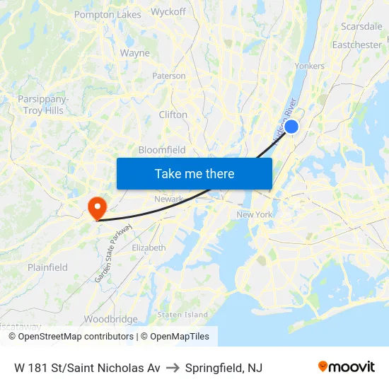 W 181 St/Saint Nicholas Av to Springfield, NJ map