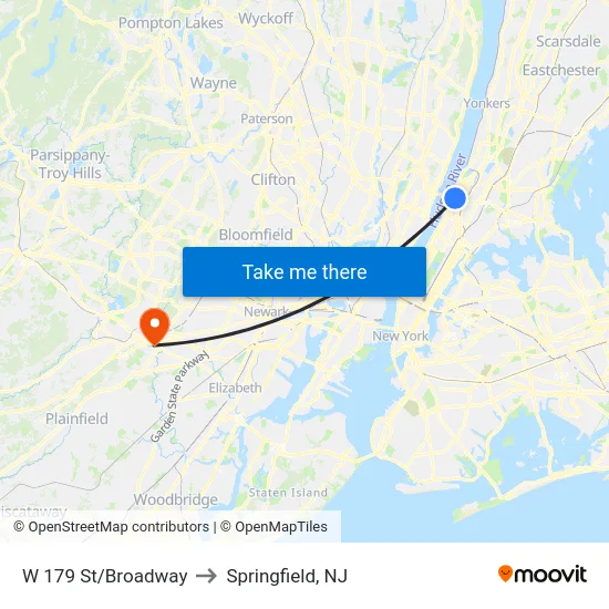 W 179 St/Broadway to Springfield, NJ map