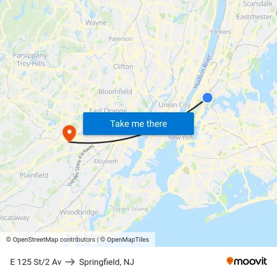 E 125 St/2 Av to Springfield, NJ map