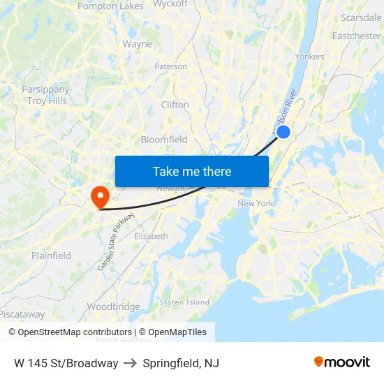 W 145 St/Broadway to Springfield, NJ map