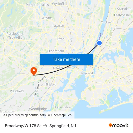 Broadway/W 178 St to Springfield, NJ map