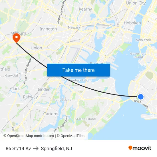 86 St/14 Av to Springfield, NJ map