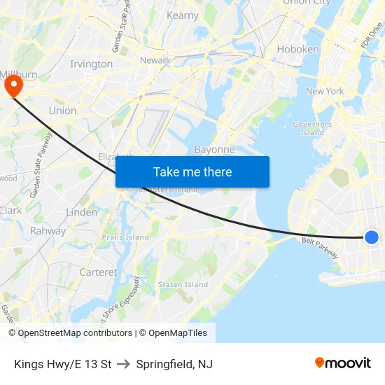 Kings Hwy/E 13 St to Springfield, NJ map