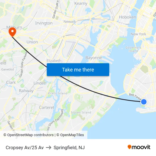 Cropsey Av/25 Av to Springfield, NJ map