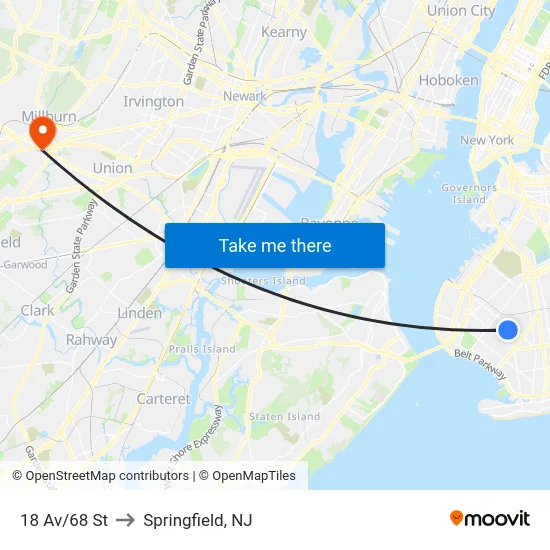 18 Av/68 St to Springfield, NJ map