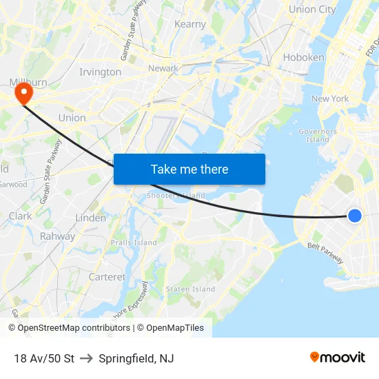 18 Av/50 St to Springfield, NJ map