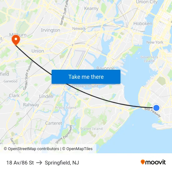 18 Av/86 St to Springfield, NJ map