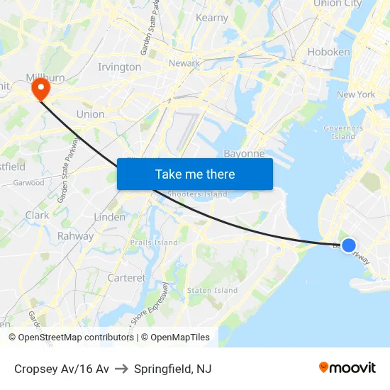 Cropsey Av/16 Av to Springfield, NJ map