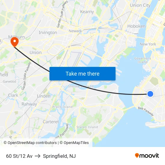 60 St/12 Av to Springfield, NJ map
