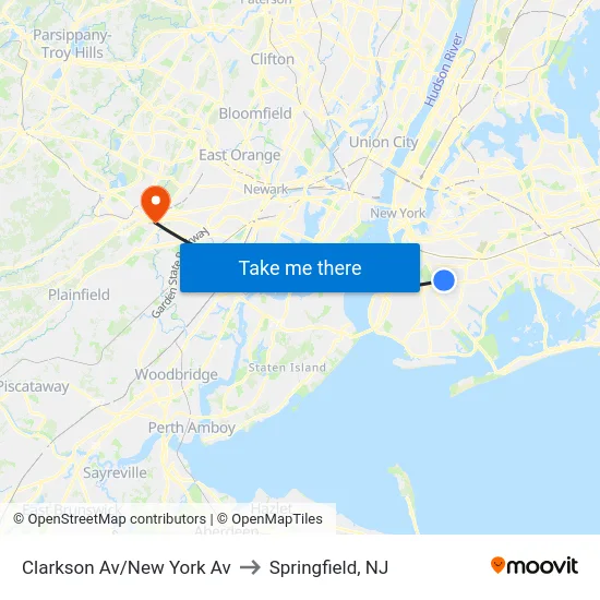Clarkson Av/New York Av to Springfield, NJ map