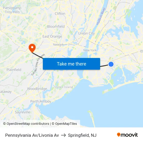 Pennsylvania Av/Livonia Av to Springfield, NJ map