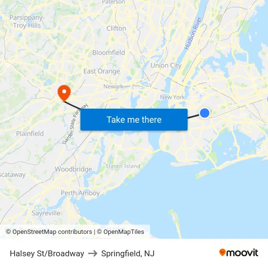 Halsey St/Broadway to Springfield, NJ map