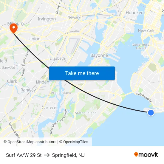 Surf Av/W 29 St to Springfield, NJ map