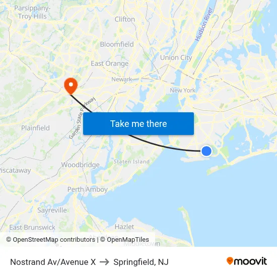 Nostrand Av/Avenue X to Springfield, NJ map
