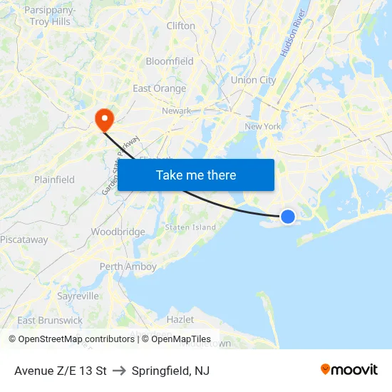 Avenue Z/E 13 St to Springfield, NJ map