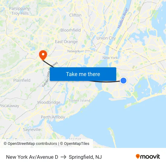 New York Av/Avenue D to Springfield, NJ map
