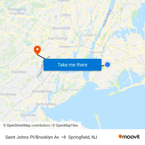 Saint Johns Pl/Brooklyn Av to Springfield, NJ map
