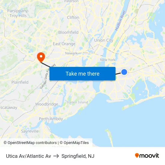 Utica Av/Atlantic Av to Springfield, NJ map