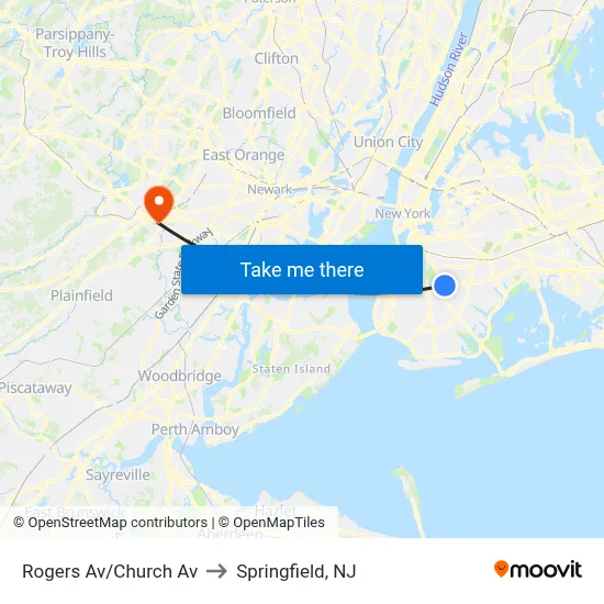 Rogers Av/Church Av to Springfield, NJ map