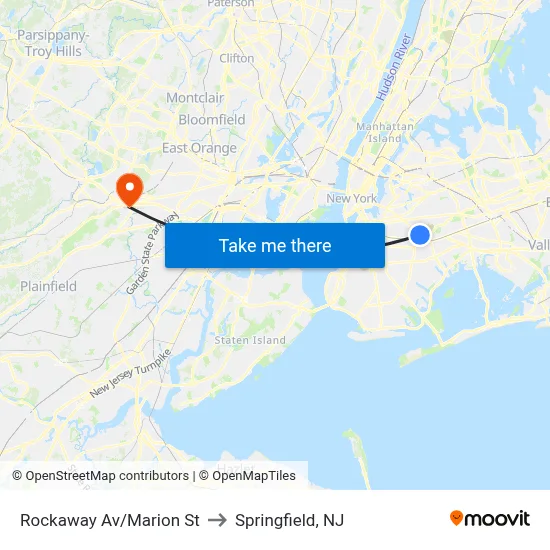 Rockaway Av/Marion St to Springfield, NJ map