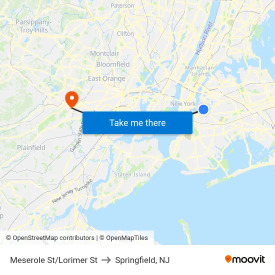Meserole St/Lorimer St to Springfield, NJ map