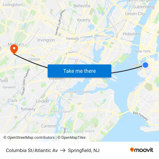 Columbia St/Atlantic Av to Springfield, NJ map